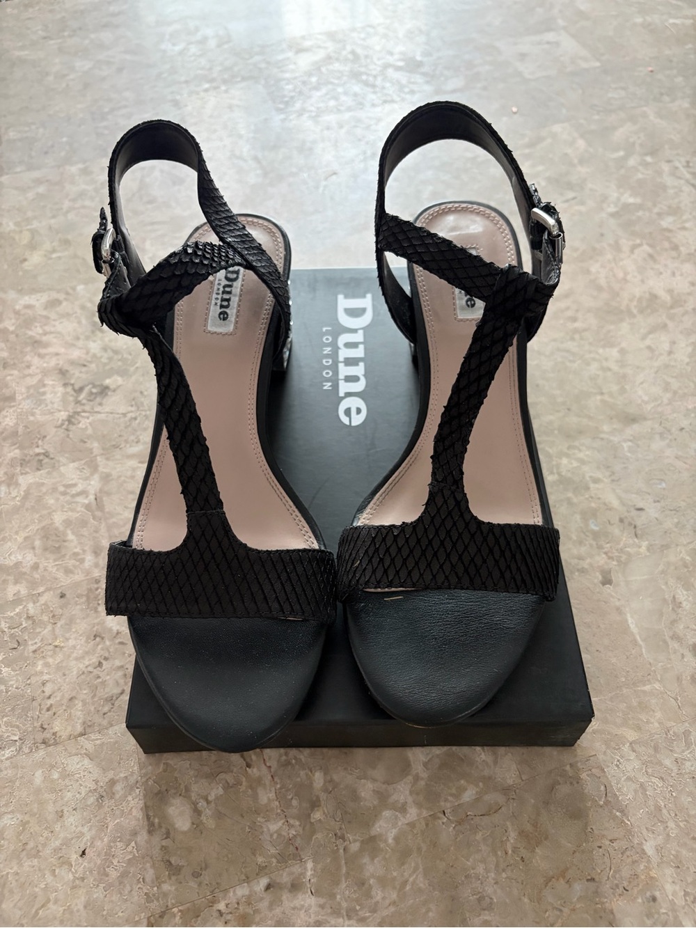 Dune London Black Braided T-Strap Heeled Sandals